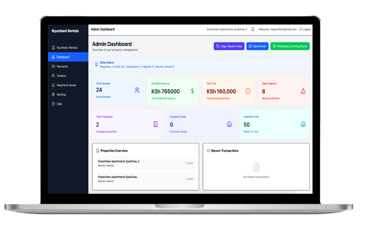 Nyumbani Rentals — Admin dashboard showcasing property management features